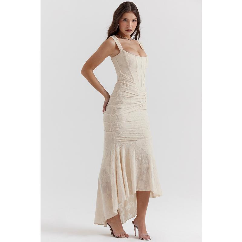 Off Shoulder Textured Jacquard Ruched Corset Mermaid Dress Stretch Slim Fit Asymmetrical Hem Elegant Evening Cocktail Wedding Guest Formal Party Gown