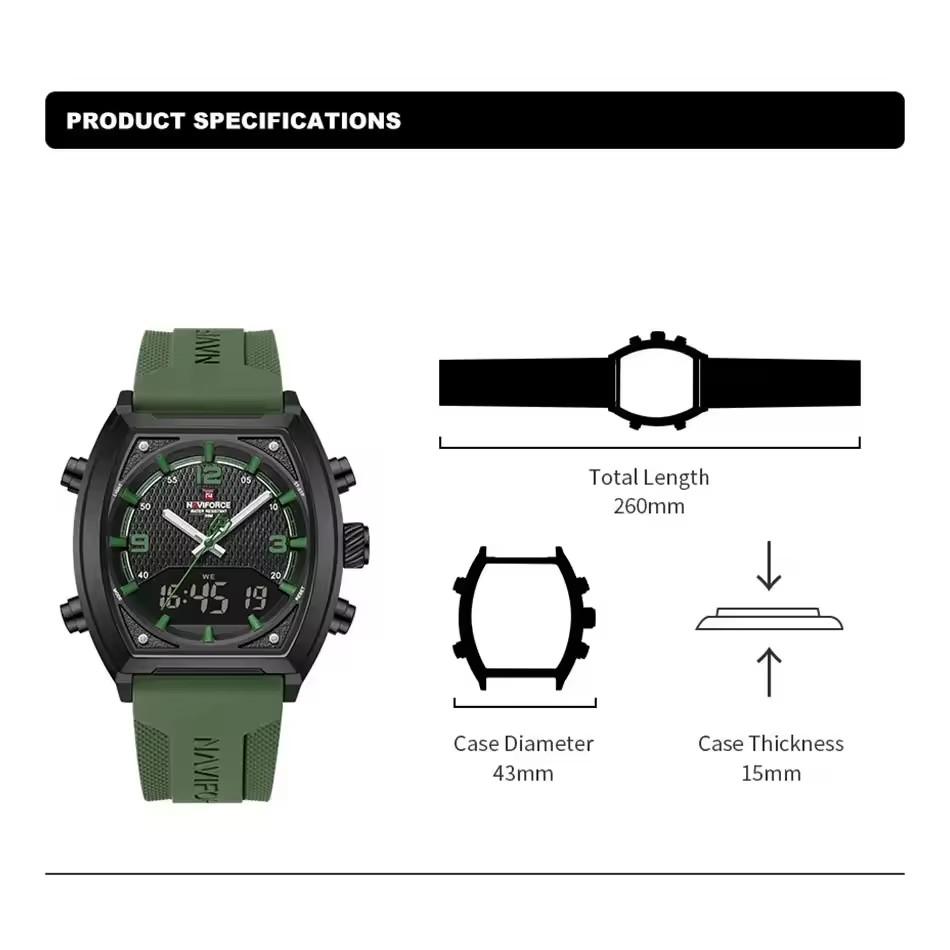 NAVIFORCE Reloj 9242 Luxury Men's Dual Display Quartz Watch Sports Alarm Clock Stopwatch Luminous LED Digital Wristwatch for Man