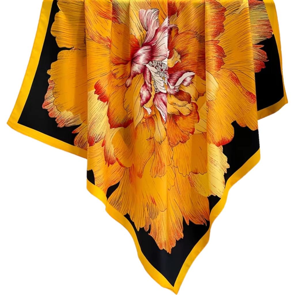 Women' Scarf 90X90 "Golden Peony" - Imitation Silk, Large Floral Pattern