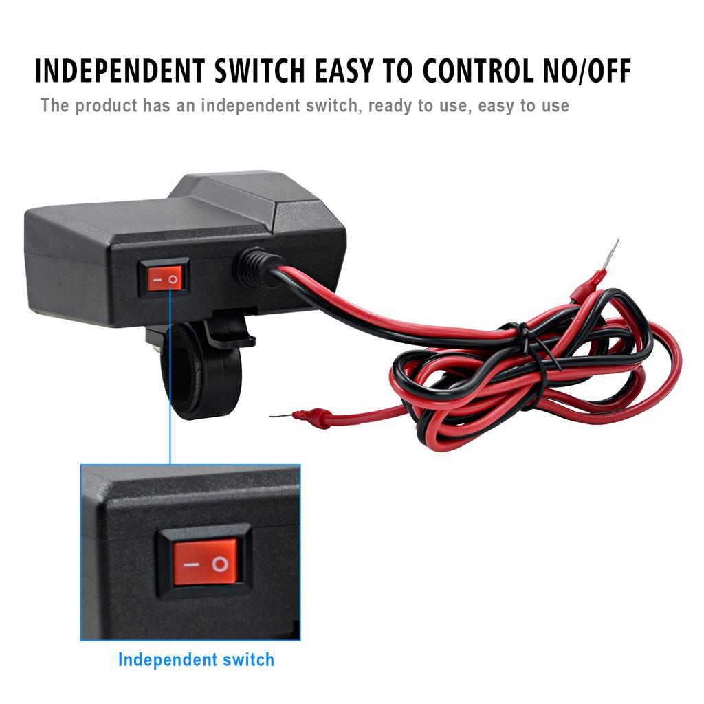 12 В 2,1 А мотоциклетное зарядное устройство для телефона с двумя USB-портами, выключателем, светодиодным вольтметром и прикуривателем, зажим для руля мотоцикла, водонепроницаемое