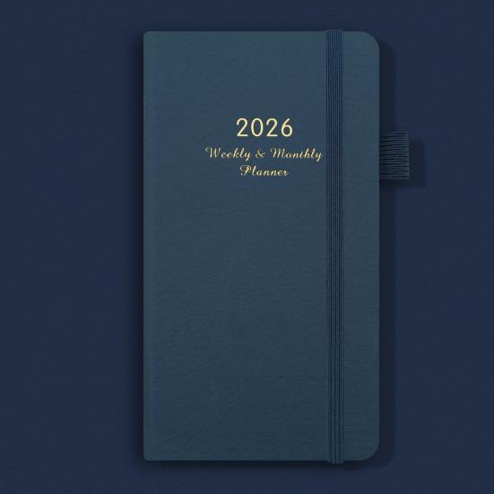 2026 Pocket Planner with Elastic Strap Pen Loop Ribbon Bookmark Weekly Monthly Academic Planner 12 Months Schedule Management Hardcover Notebook