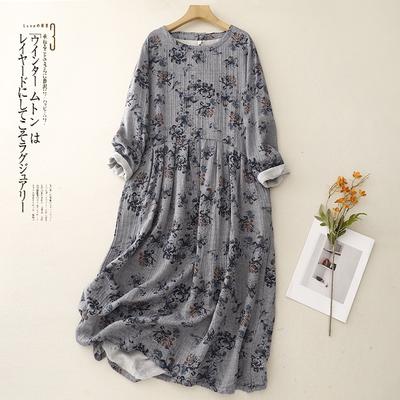 2025 весна и осень новое платье из хлопка и льна с принтом, женское свободное идиллическое платье с круглым вырезом и длинными рукавами, цветочная длинная юбка