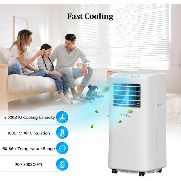 Портативный кондиционер 8000 BTU 3-в-1 Тихий блок переменного тока с вентилятором, осушителем, Wi-Fi