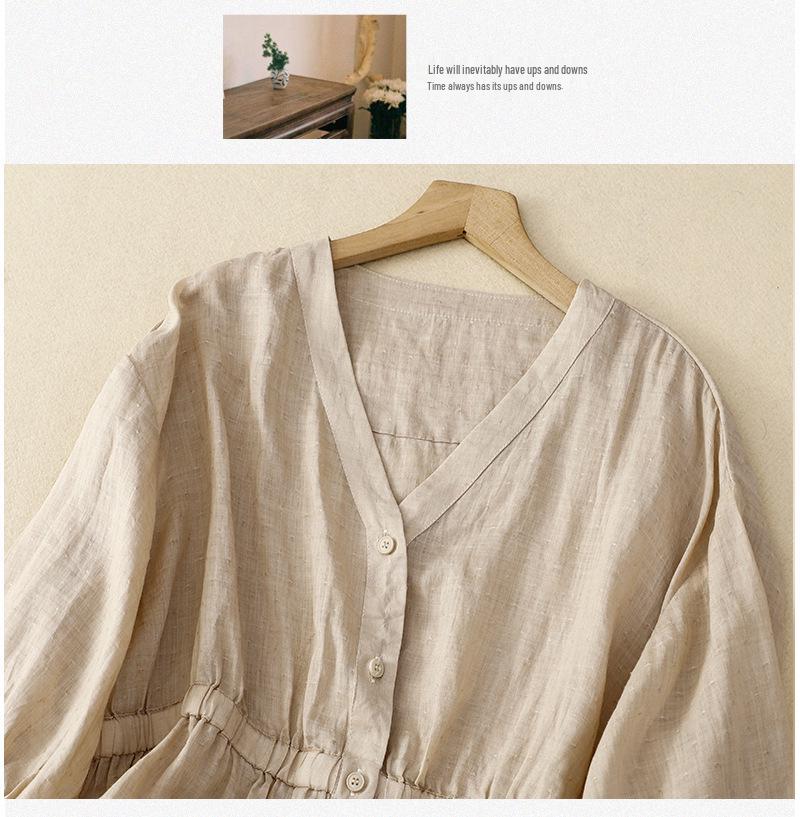 Женский топ из хлопка и льна с V-образным вырезом и приталенным силуэтом на весну/лето 2025 года - Свободный, стройнящий, универсальный, рубашка с рукавом пять четвертей