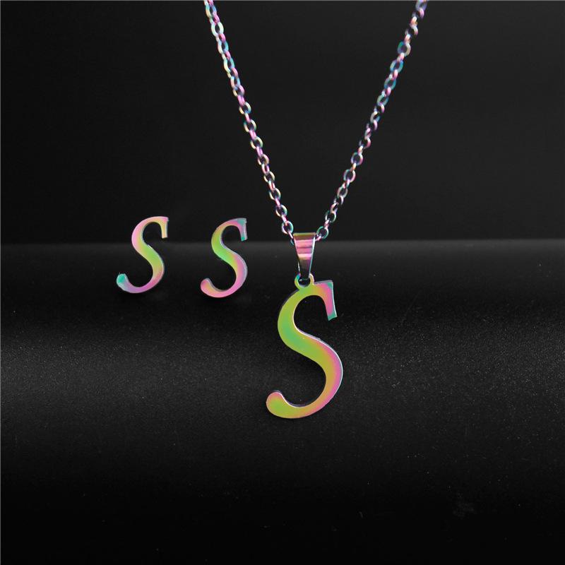 RUI RUI YU 26 Letter Colorful Stainless Steel Jewelry Sets for Women Men Alphabet Initial Chain Pendant Necklace Earrings Kids Gift