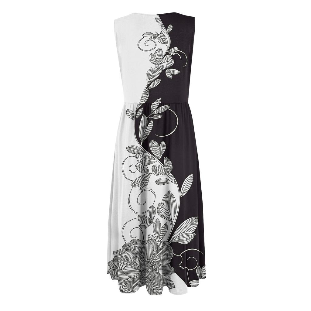 Женское модное платье средней длины с круглым вырезом и принтом без рукавов