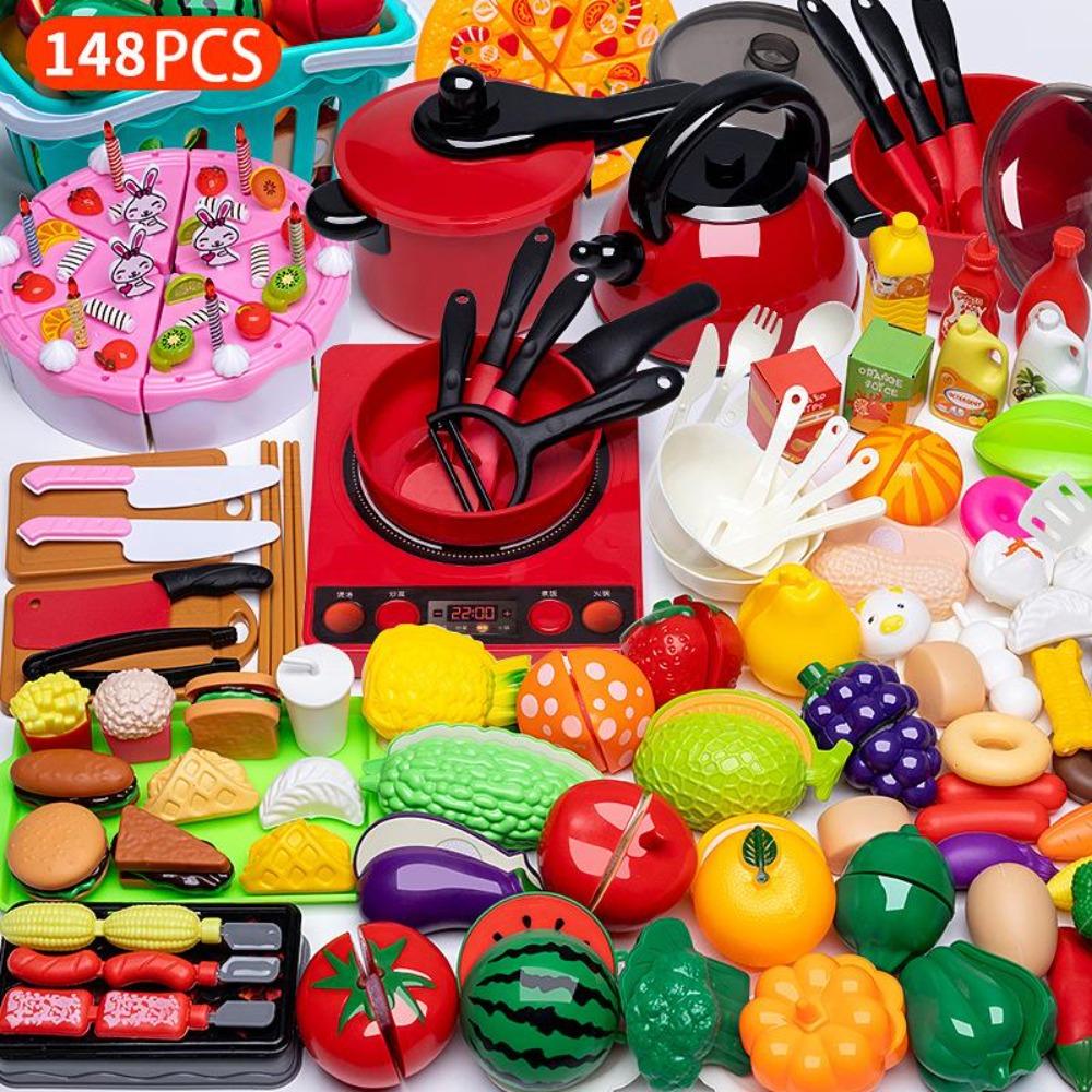 Kids Toys Pretend Play Red Kitchen Toys Simulation Food Cooking Girl's Boys Educational Play House Interactive Toys for Children