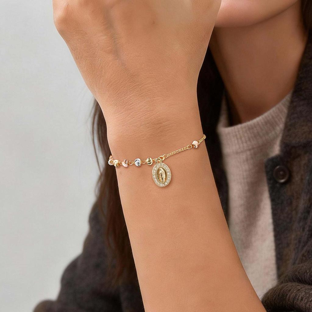 Luxury Retro Virgin Mary Tri-color Bead Cross Bracelet for Women,  Adjustable Chain Jesus Pendant Bracelet, Religious Jewelry