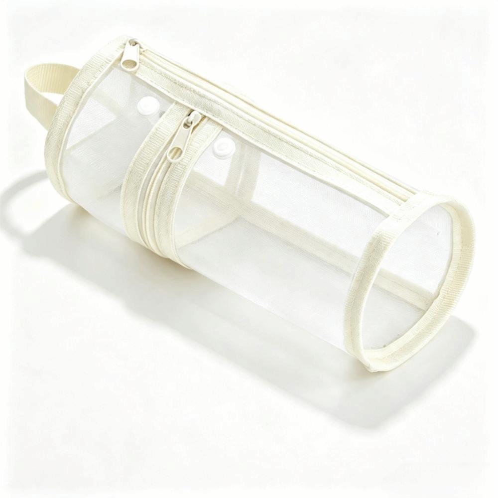 Large Capacity Cylindrical Pencil Case Transparent Storage Mesh Pencil Bag 2 in 1 Portable Design Stationery Organizer