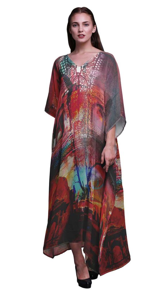 Phagun Mughal Monuments Long Caftan Maxi Dress Beach Swimwear Cover Up Womens