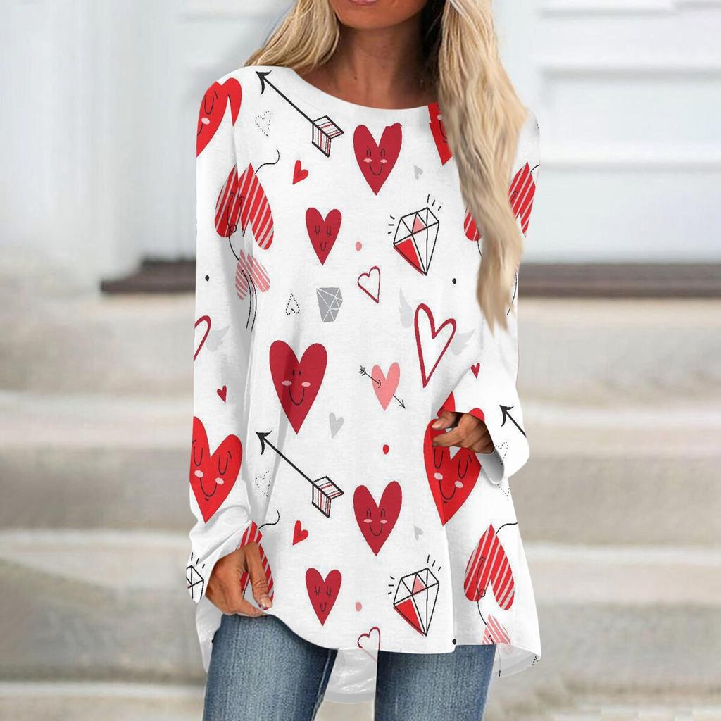 Женская мода повседневная блузка с длинным рукавом и принтом «Любовь ко Дню святого Валентина», круглый вырез, пуловер
