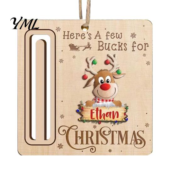Personalized Cash Gift Tags Rustic Santa Reindeer Money Holder Ornament, Wooden Card Christmas Tree Wood Decorations Clip with Slot, Hanging