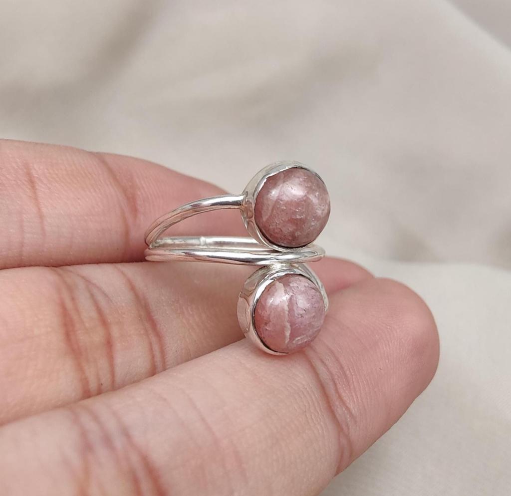 Rhodochrosite Ring: 925 Sterling Silver Double Stone Adjustable Ring, Love & Healing