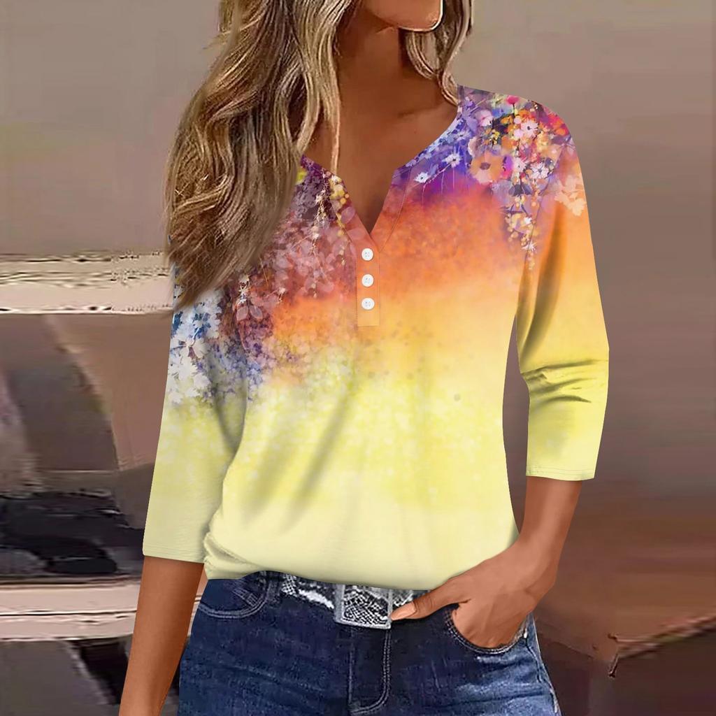 Women's T Shirt Tee Print Button  3/4 Sleeve Daily Weekend Fashion Basic V- Neck Regular Top