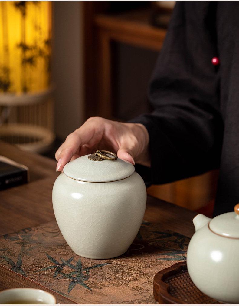 Ru Kiln Ceramic Tea Storage Can - Copper Ring, Moisture-Proof, Sealed, Fine Kung Fu Tea Set