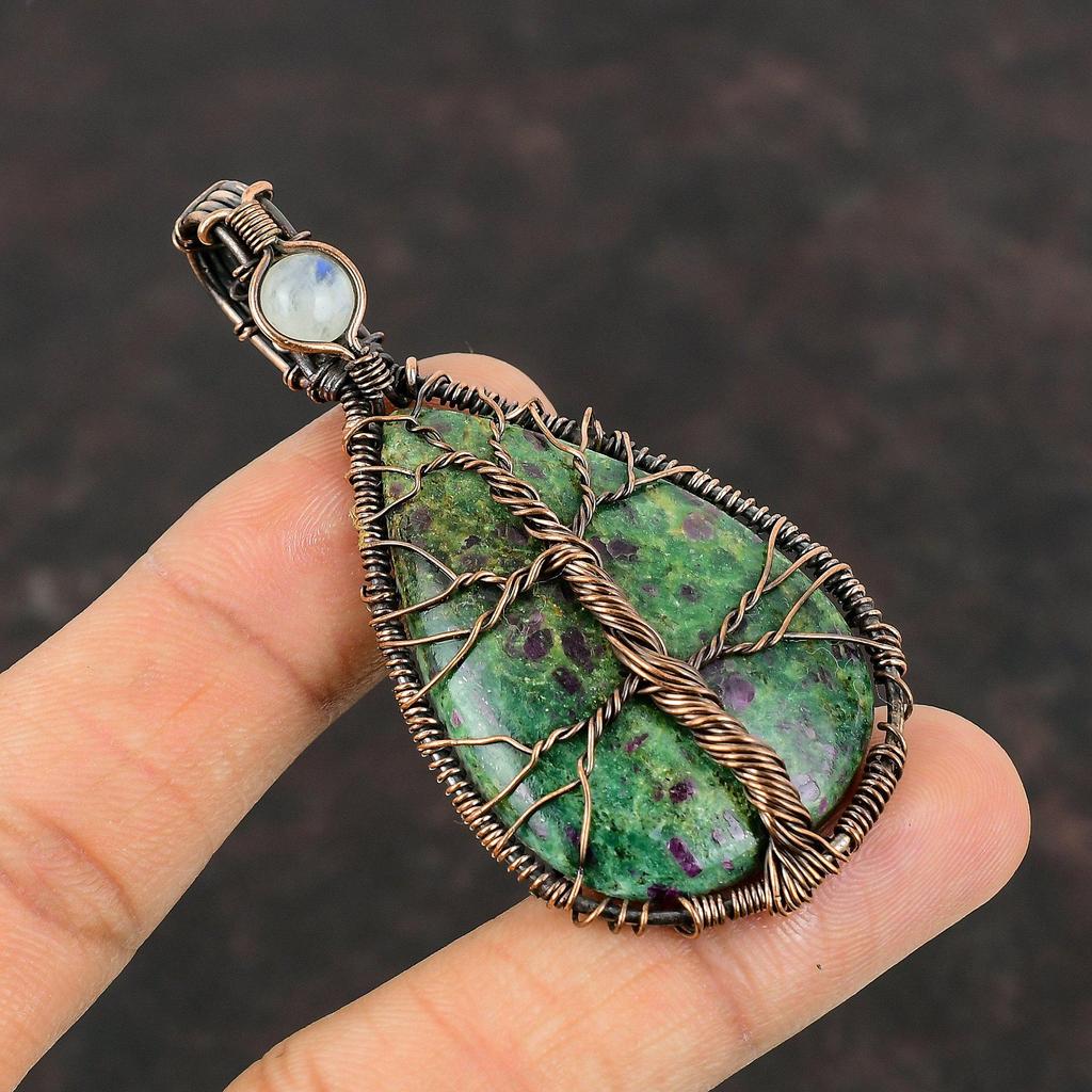 Tree Of Life Ruby Fuchsite Copper Pendant Wire Wrapped Pendant Gemstone Jewelry For Gift Rainbow Moonstone Pendant Handmade Copper Jewelry