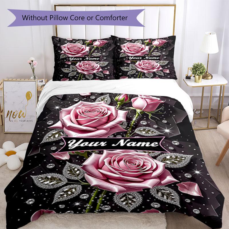 3PC Custom Name Elegant Rose Banner Bedding Set Duvet Cover Closure Includes 1 Duvet Cover & 2 Pillowcases for Bedroom