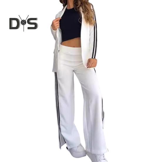 Комплект из 2 предметов: пальто и брюки для леди, отложной воротник, длинные рукава, свободные полосатые брюки с широкими штанинами, повседневная одежда для поездок на работу