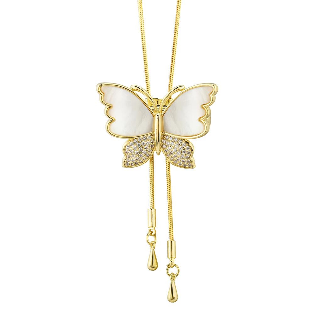 Autumn And Winter Long Necklace, Shell Butterfly Pendant, Sweater Chain, Two-Wearing Tassel Adjustable Necklace.