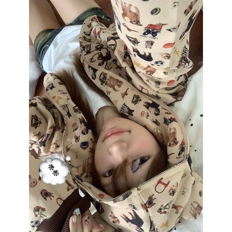 Американский ретро смешной медведь ушки капюшон кавайный собачий принт молния толстовка женская осень милый кор молния укороченная одежда