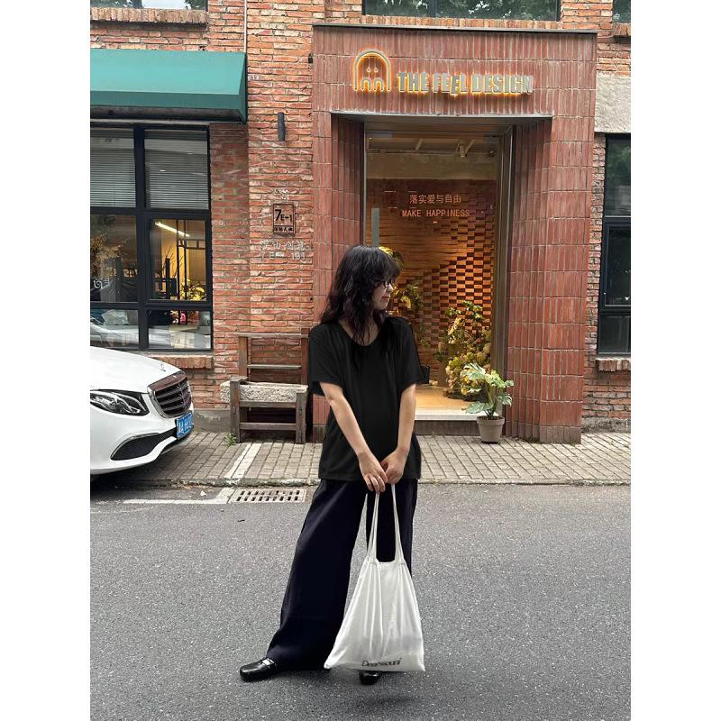 American V-neck gray front shoulder short-sleeved T-shirt women's summer new Korean loose lazy wind relaxation top
