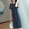 Women Casual Striped Middle Dress Short Sleeve Loose Round Neck Summer Lightweight Comfortable Office Beach Dress