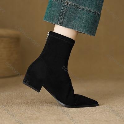 Празднуйте Эластичные Узкие Сапоги для Женщин Осень Однотонная Замша Острый Носок Женская Обувь Толстый Низкий Каблук Короткие Носки Ботас