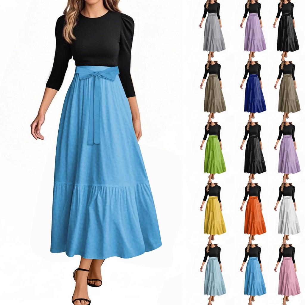 Women's Fashion Casual Belt Round Neck Solid Color Splicing Elegant Temperament Three-quarter Sleeve Dress