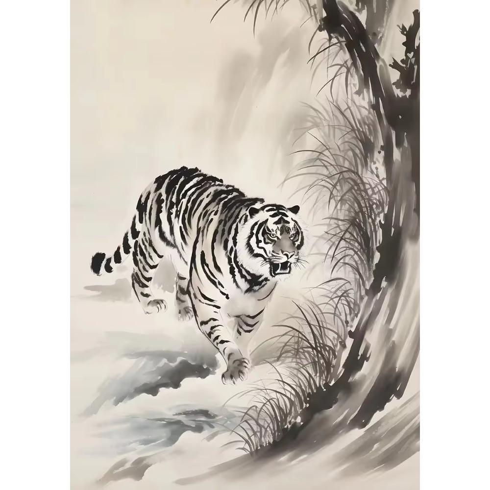 Chinese Ink Drawing Retro Animals Vintage Poster Tiger Panda Dragon Rhino Retro Canvas Wall Art Living Room Home Decor