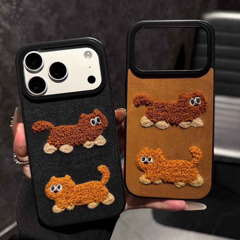 Вышивка коричневый кот для чехла мобильного телефона iPhone16/17Promax Apple 15/14 защитный чехол ins ветрозащитный противоударный
