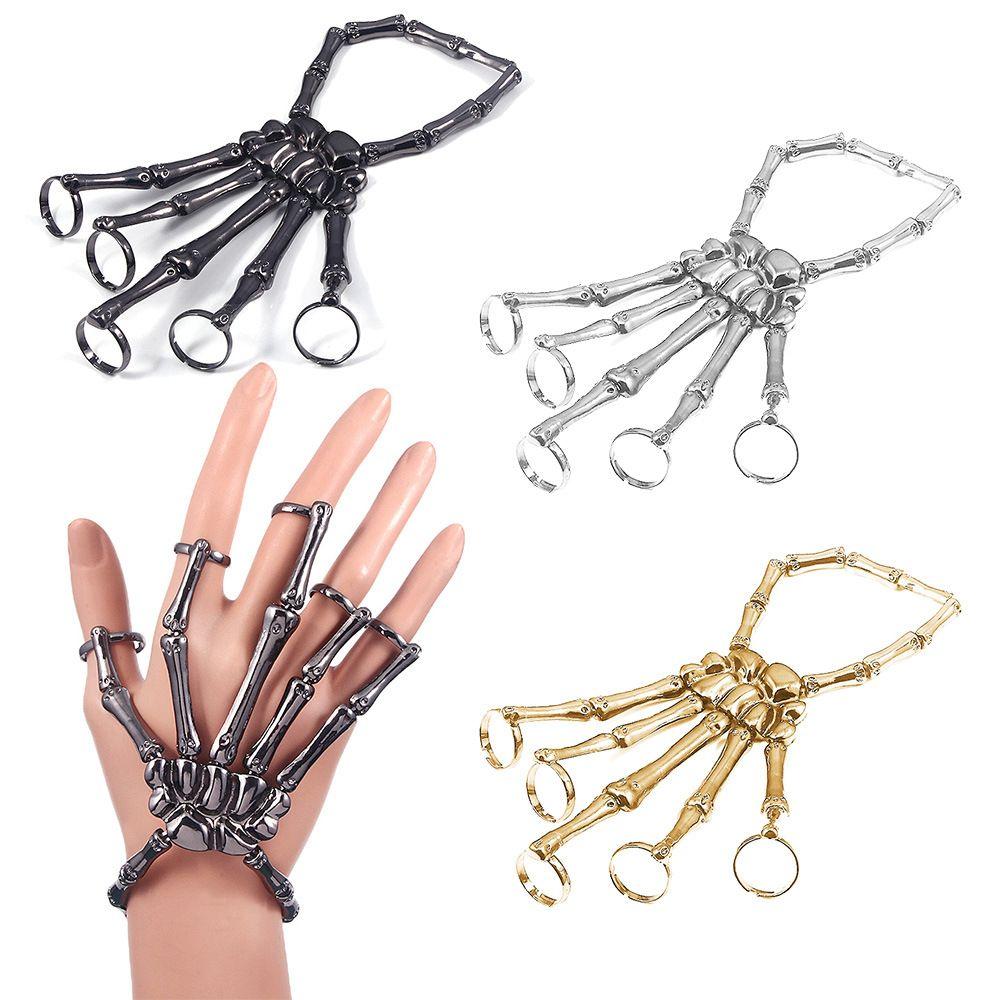 for Men Women Elasticity Party Adjustable Halloween Bangle Skull Skeleton with Ring Hand Bracelet