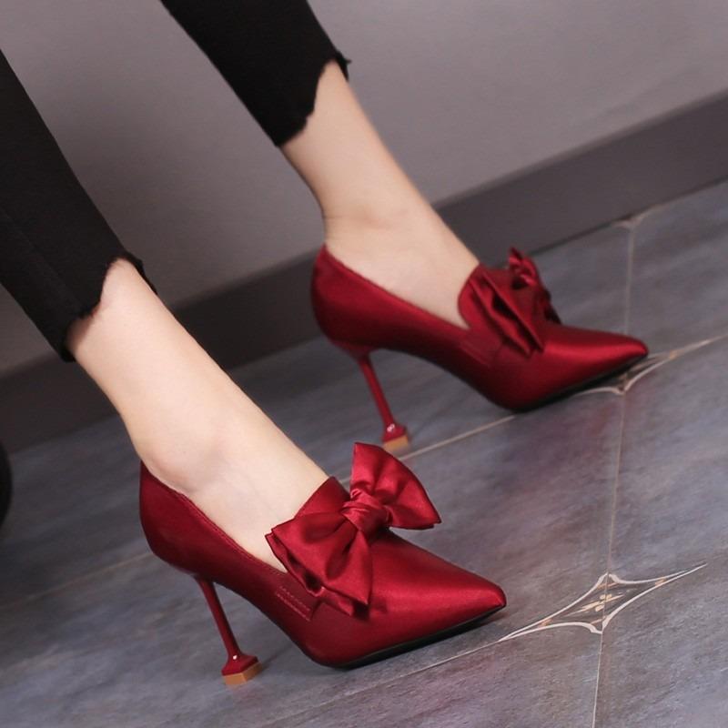 Модные шелковые туфли-лодочки с бантом, женские, сексуальные, с острым носком, на шпильках, туфли для вечеринок, женские, черные, красные, на очень высоком каблуке, женские, 8,5 см