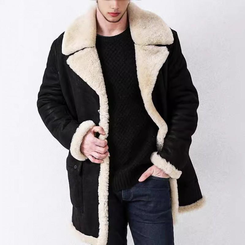 Mens Retro Winter Long Coat British Style PU Fur Overcoat Loose Fit Solid Color Single Breasted Daily Wear