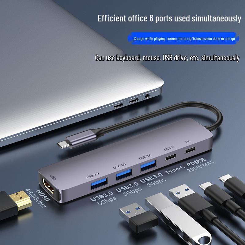 USB-C Док-станция с USB 3.0 Хабом, Сплиттер для Ноутбука, 100W Зарядка, 4K HDMI Конвертер