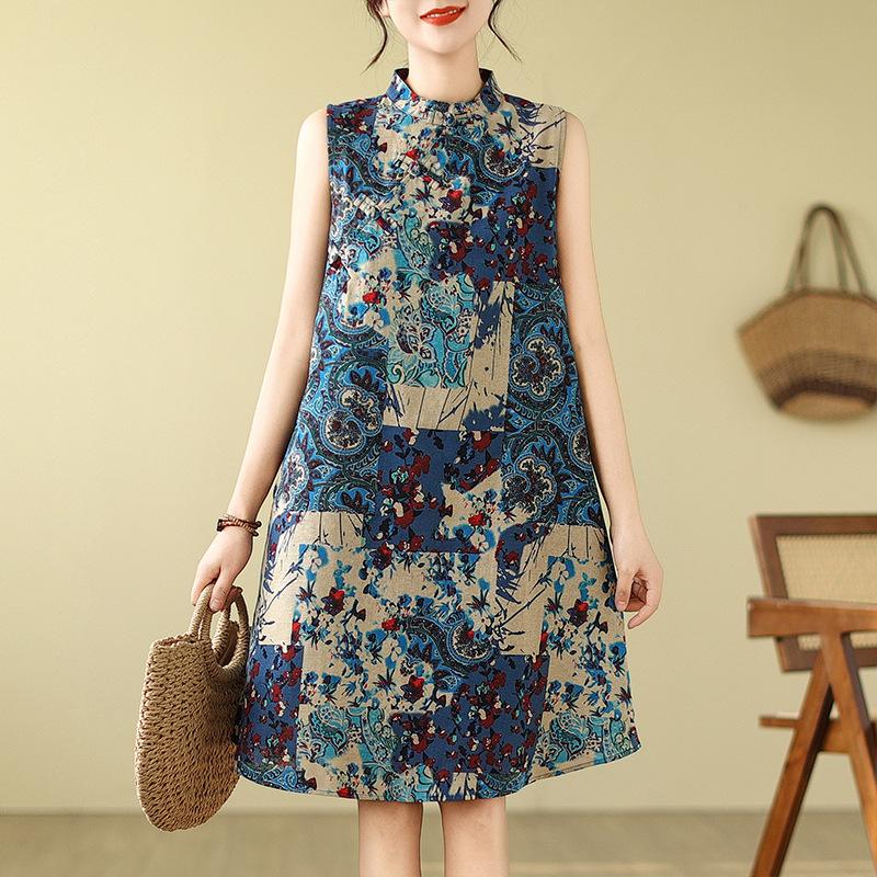 Ретро Модифицированная юбка-чеонгсам с дисковыми пуговицами Свободное утягивающее платье без рукавов с принтом