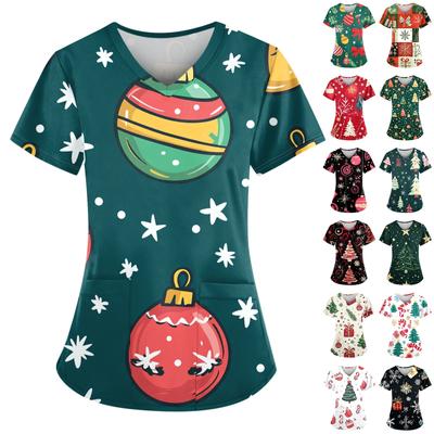 Женский свободный облегающий топ с принтом рождественского снеговика и V-образным вырезом, короткими рукавами и карманами