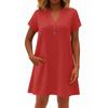 Women's Fashionable Solid Color V Neck Button Short Sleeved Pullover Dress