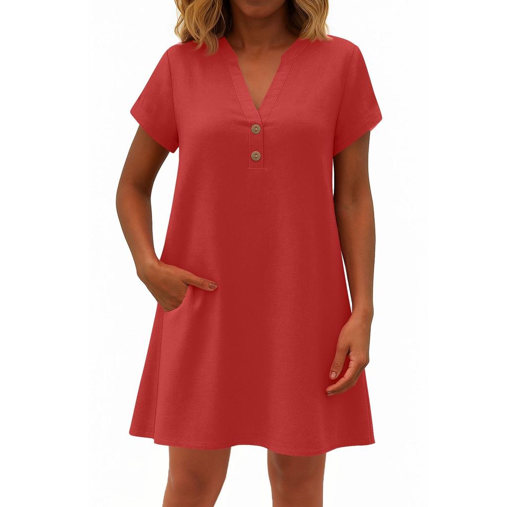 Women's Fashionable Solid Color V Neck Button Short Sleeved Pullover Dress