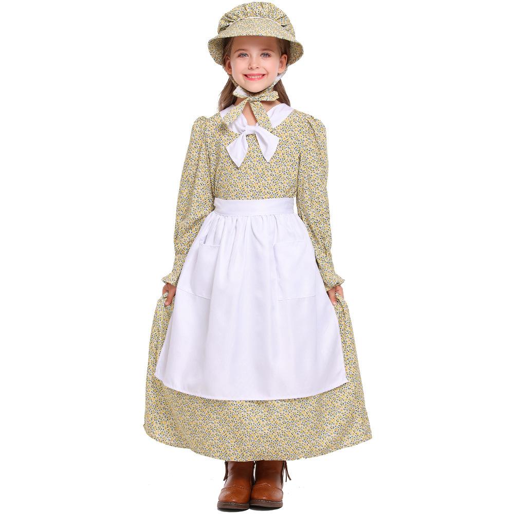 Kids Girls Drama Colonies Pastoral Farm Maid Floral Dress Apron Hat Set Halloween Cosplay Costumes Role Play Outfit