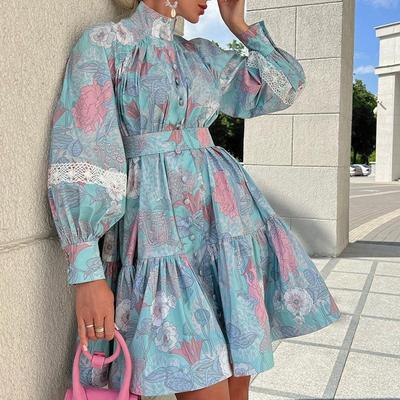 Женское элегантное платье со шнуровкой и принтом, рукавами-фонариками, высокой талией, воротником-стойкой, пуговицами, ретро-платья, осенняя мода, вечернее мини-платье
