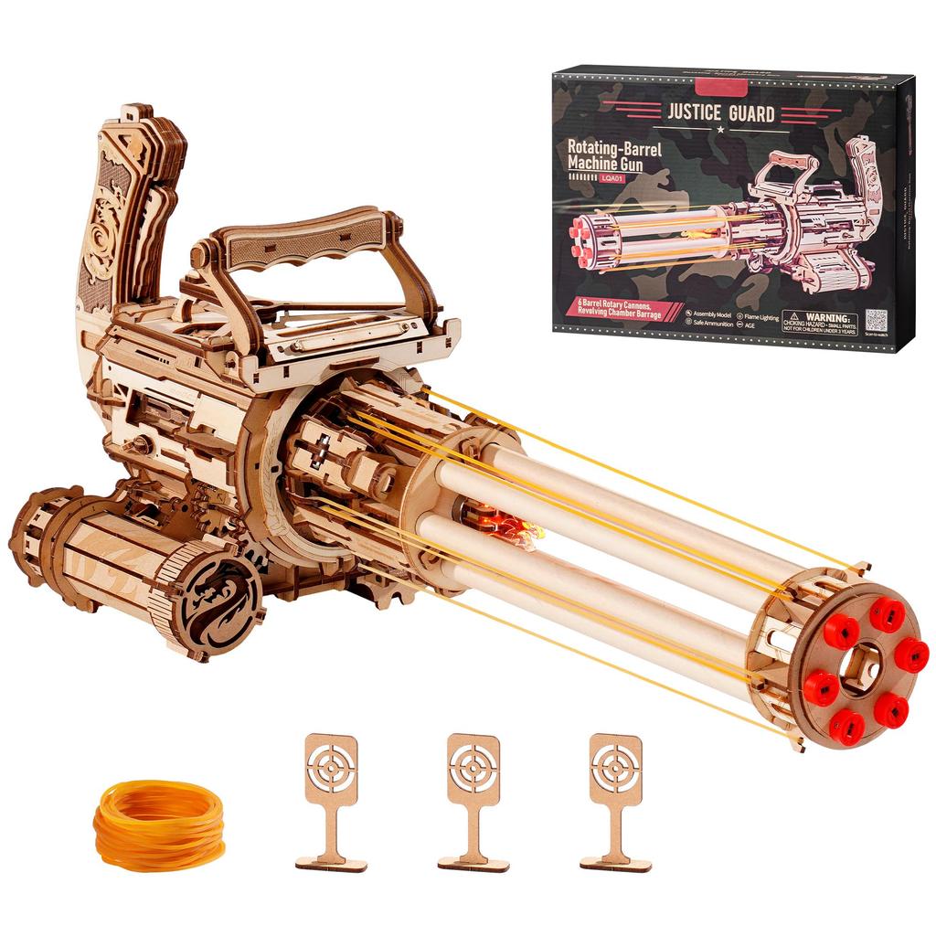 ROBOTIME 3D Wooden Puzzle, Toy Gun with Rubber Band Gun and Gatling Gun, 36-Round Capacity, Electric Rapid Fire, LED Muzzle Light, Assembly Kit, STEM