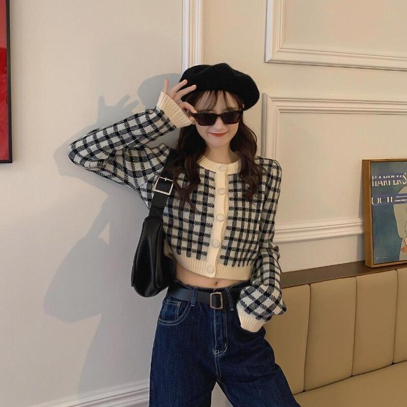 Кардиган, свитер, клетчатый весенне-осенний французский нежный короткий вязаный кардиган, топ с круглым вырезом, 2023, повседневный женский свитер