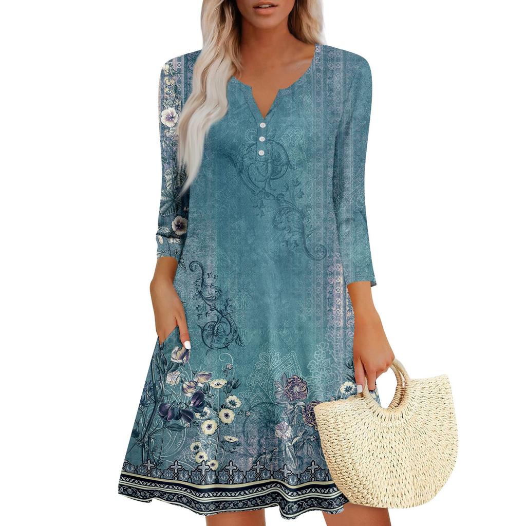 Женское летнее платье, свободное платье с V-образным вырезом, рукавом три четверти и карманами