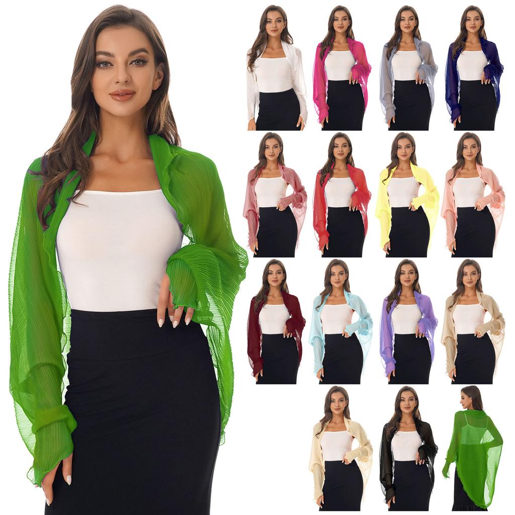 Womens Casual Long Sleeve Sun Protection Tops Open Front Chiffon Wraps Pleated Shawl Cover Ups Beachwear