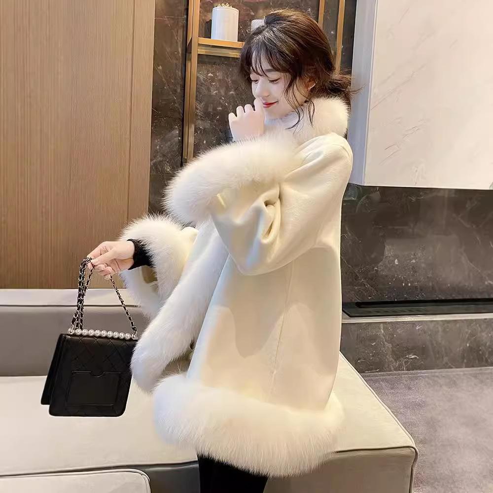 2024 новая зимняя корейская версия искусственного меха лисы пальто светская шаль шерстяное пальто шерстяная накидка