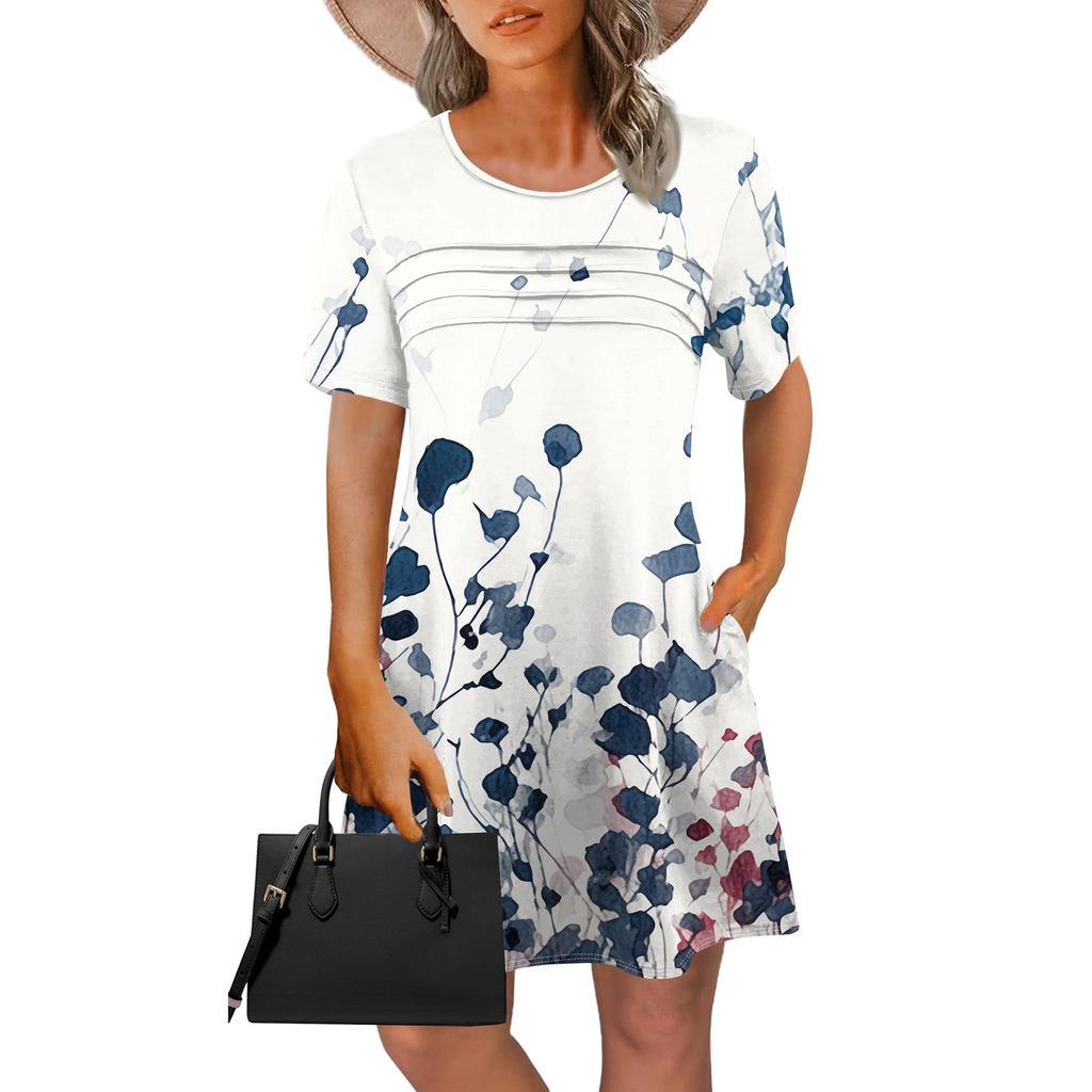 Женское летнее винтажное платье с цветочным принтом, повседневное платье с коротким рукавом и круглым карманом