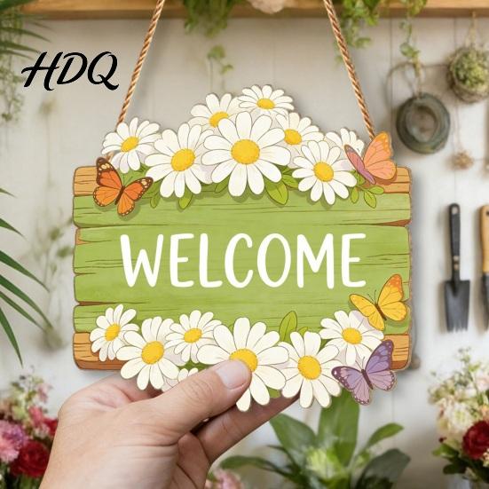 Spring Door Hanger Wooden Welcome Sign Rustic Hanging 2D Daisy Butterfly Print Holiday Gift Halloween Thanksgiving Easter Seasonal Sign for
