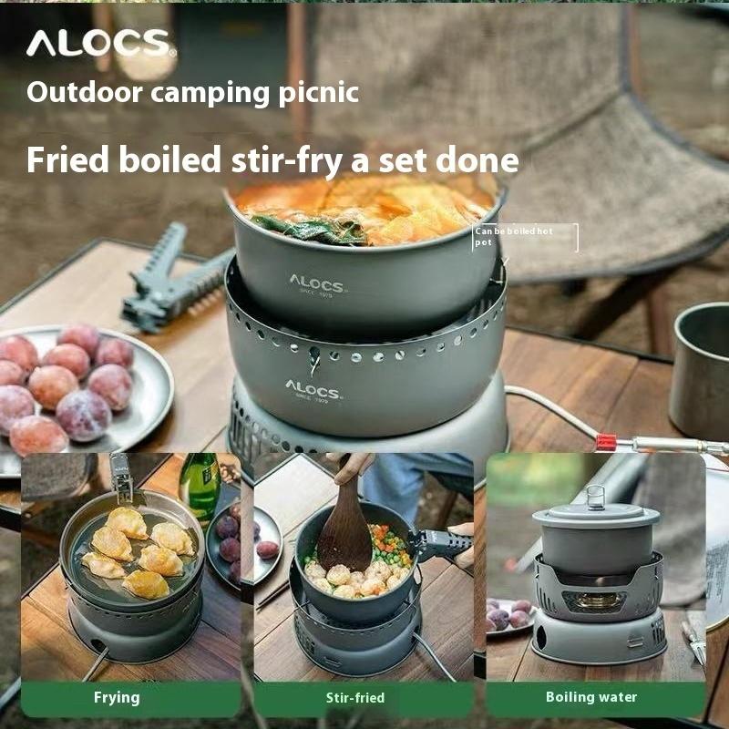 Многофункциональный туристический котелок Alocs - Ветрозащитный на 360°, Двухтопливная горелка на 2-3 человека