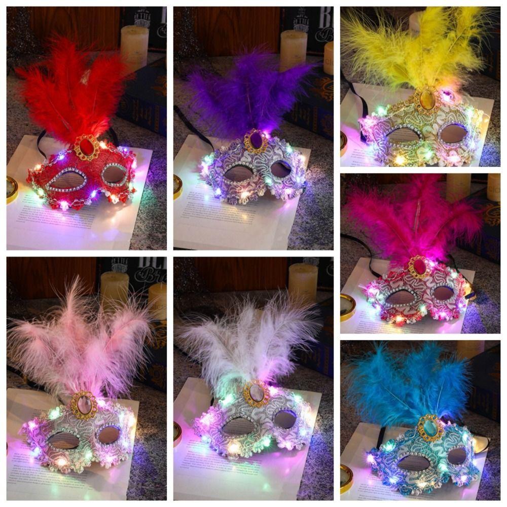 Rhinestone LED Glowing Mask Plastic Venice Masquerade Mask Creative Feather Mask  Halloween