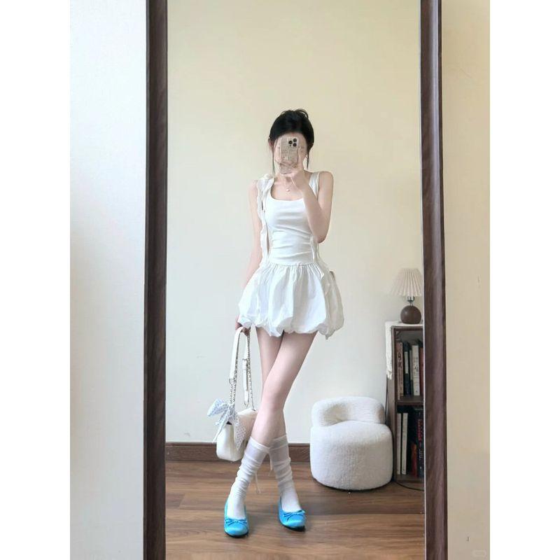 White Puffy Bud Short Culottes Women's Summer Thin High Waist A- line Wide Leg Pants Slim Looking Small Quick-Drying Bloomers